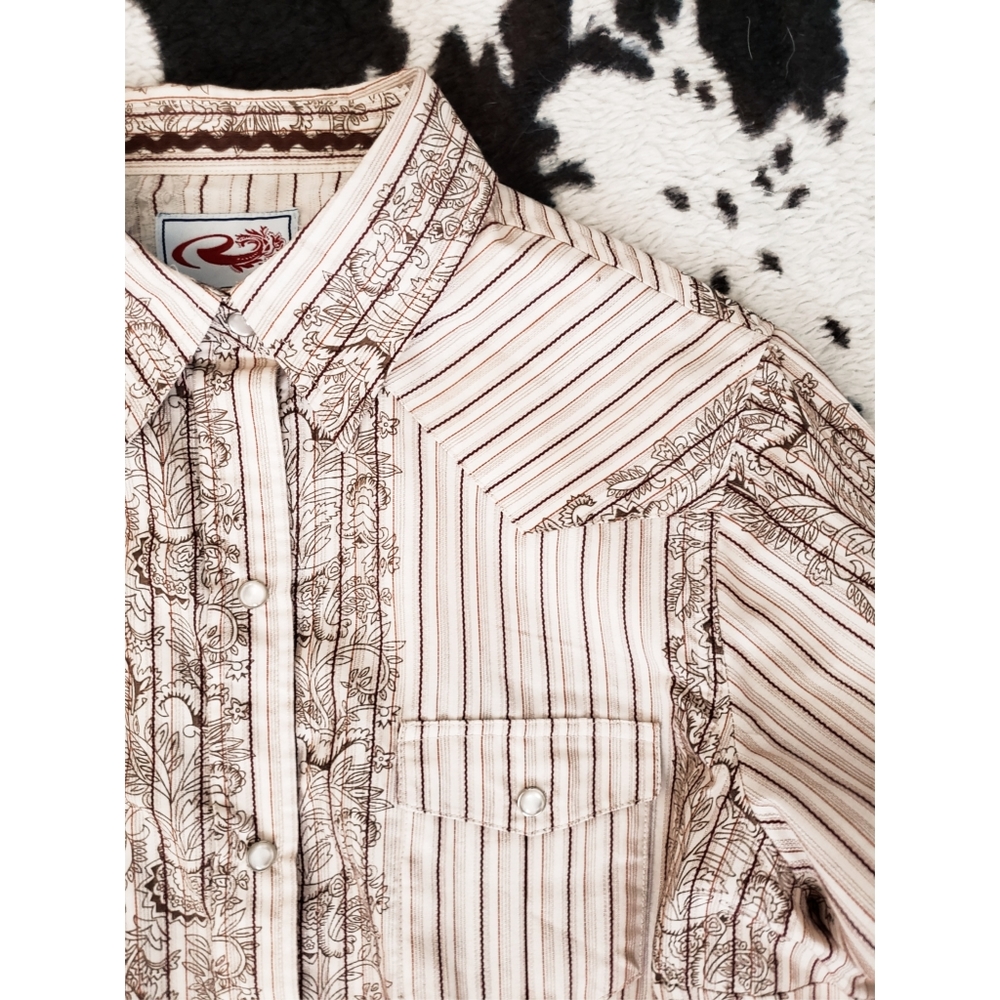 Western-Inspired Cream & Brown Striped Button-Up Shirt